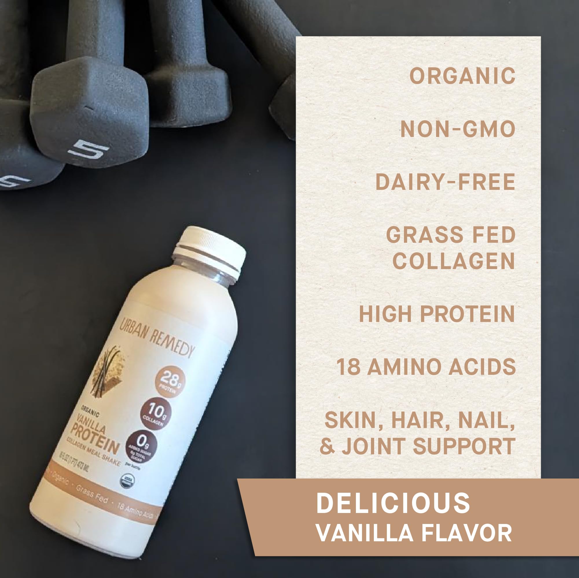 Urban Remedy Vanilla Protein Collagen Meal Shake, 16 oz - 28g Protein, 10g Organic Grass-Fed Collagen, No Added Sugar, Dairy-Free