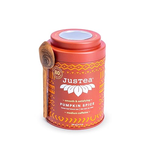 JusTea PUMPKIN SPICE | Loose Leaf Black Tea | Tin with Hand Carved Tea Spoon | 40+ Cups (4.2oz) | Medium Caffeine | Award-Winning | Fair Trade |