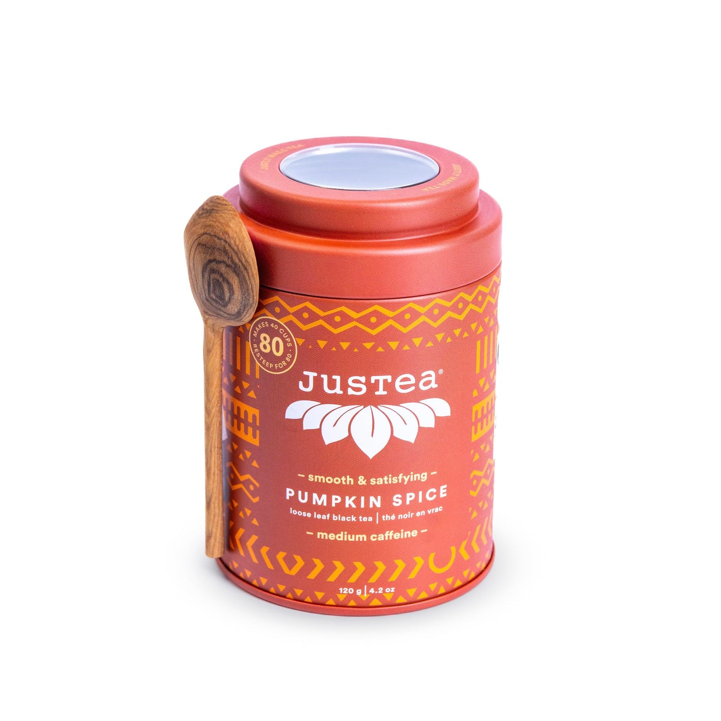 JusTea PUMPKIN SPICE | Loose Leaf Black Tea | Tin with Hand Carved Tea Spoon | 40+ Cups (4.2oz) | Medium Caffeine | Award-Winning | Fair Trade |