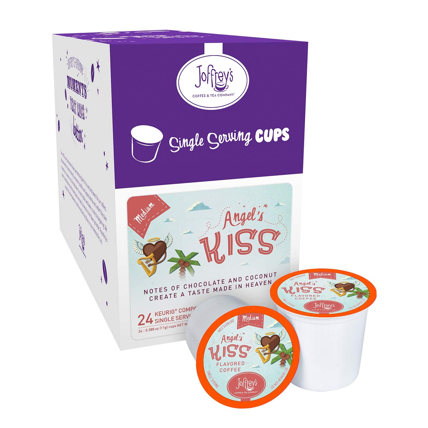 Joffrey's Coffee - Angel's Kiss, Flavored Coffee, Artisan Medium Roast, Arabica Coffee Beans, Chocolate & Coconut Cream Flavor, K-Cup 2.0 Compatible