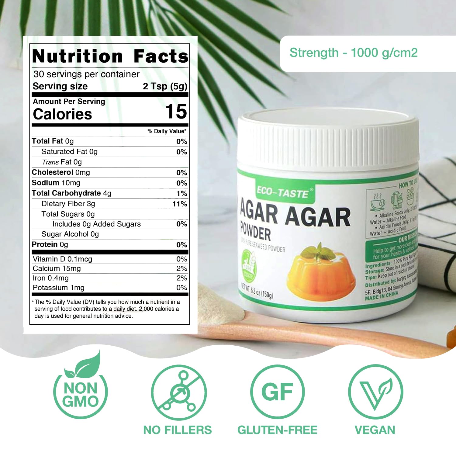 Agar Agar Powder 1000 Strength, 100% Natural Seaweed, Vegan Gelatin Substitute, Gluten-free, Non-GMO, Planted-Based, Unflavored, 5.3 oz (150g)