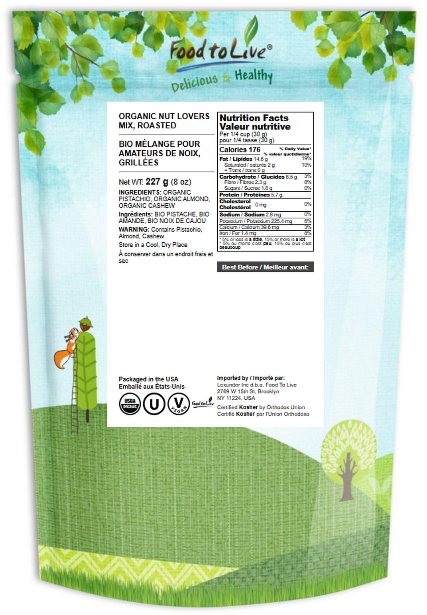 Food to Live Organic Dry Roasted Nut Lovers Mix, 8 Ounces - Oven Toasted Pistachios, Almonds and Cashews Blend. No Salt Added. Trail Snacks for Adults