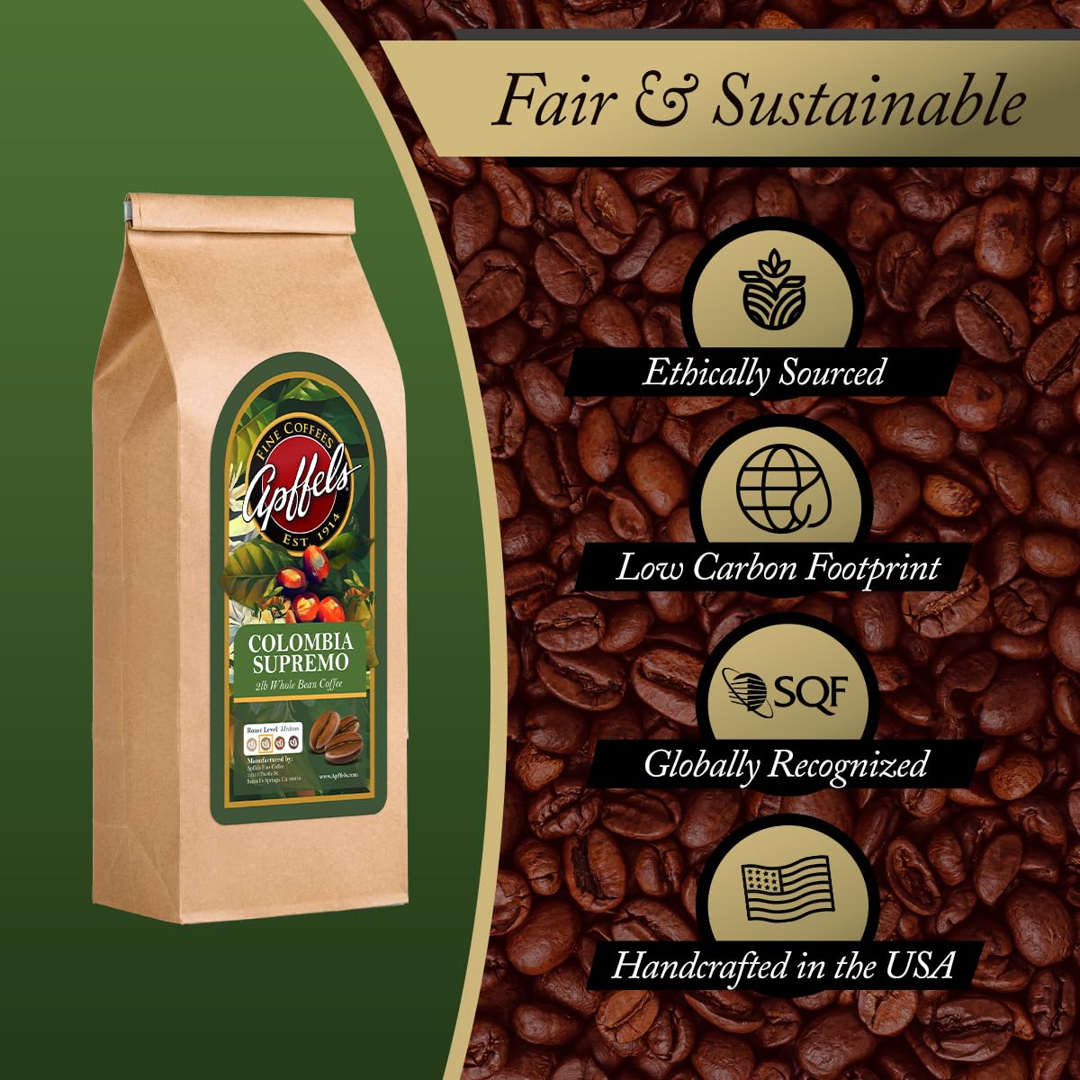 Apffels Colombian Supremo - Whole Bean, Medium Roast, 100% Arabica Coffee, (2lb Bag)