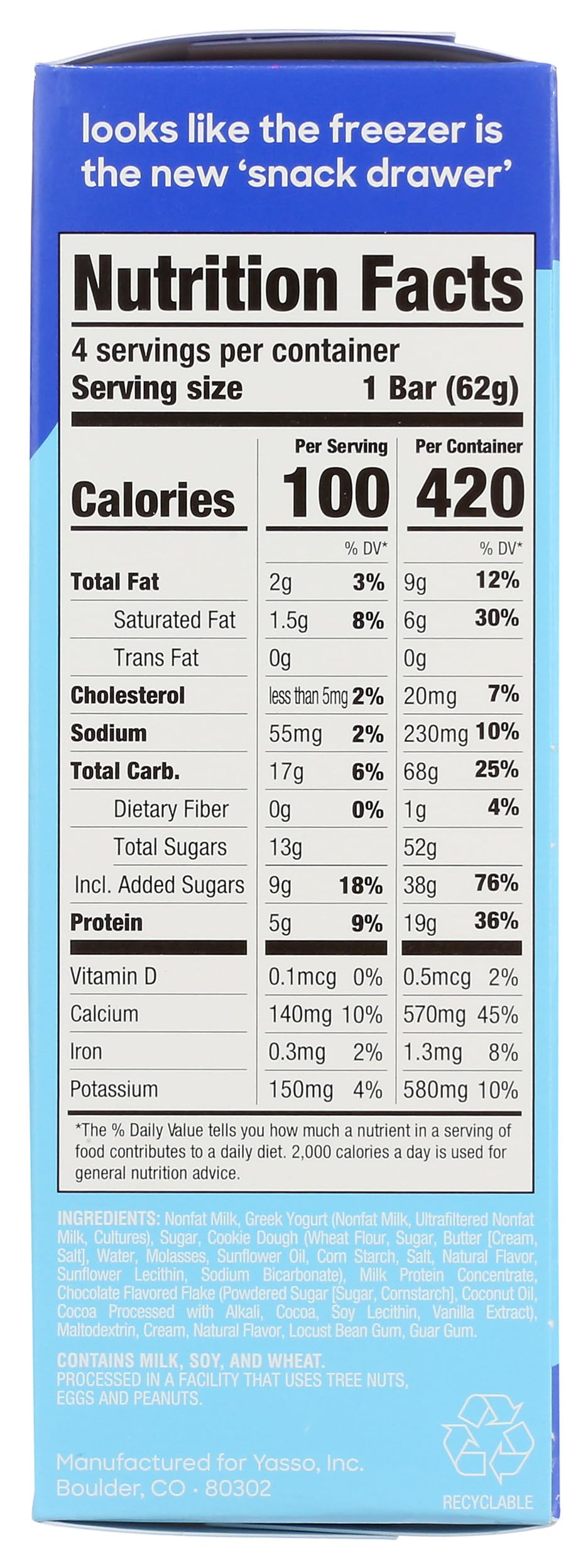 Yasso Chocolate Chip Cookie Dough Frozen Greek Yogurt Bars, 14 FZ