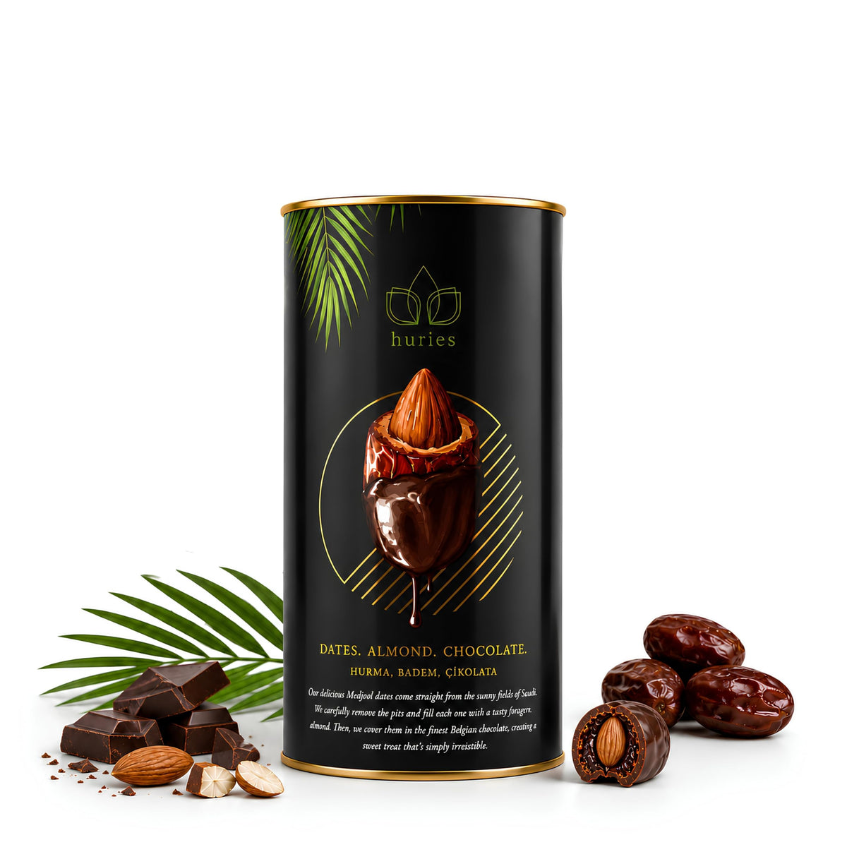 Huries Dark Chocolate Covered Dates with Almonds, Individually Wrapped Gourmet Stuffed Date Candy, Turkish Dessert Snack, 200 g