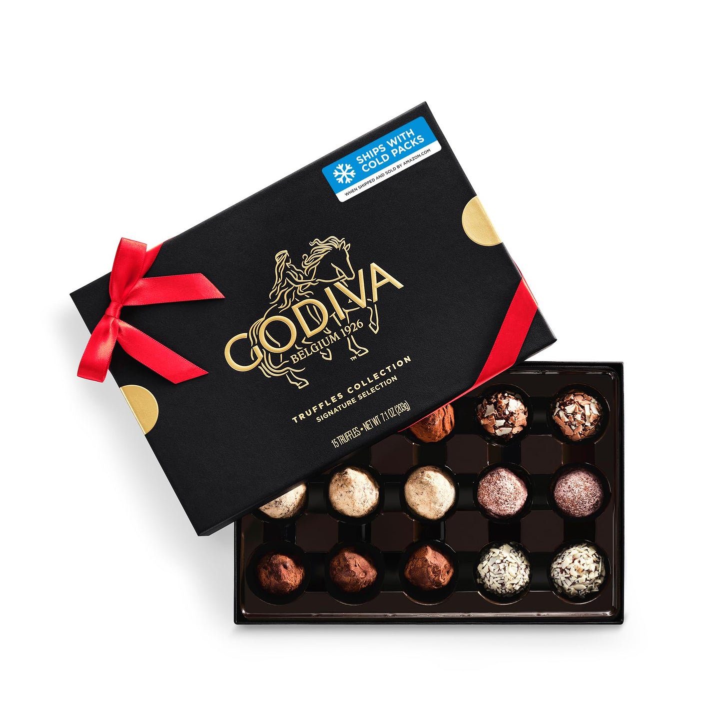 Godiva Signature Truffle Gift Box, Belgian Dark and Milk Chocolates with Ganache Centers, Gourmet Gift for Birthdays, Holidays, Kosher, Red Ribbon, 15