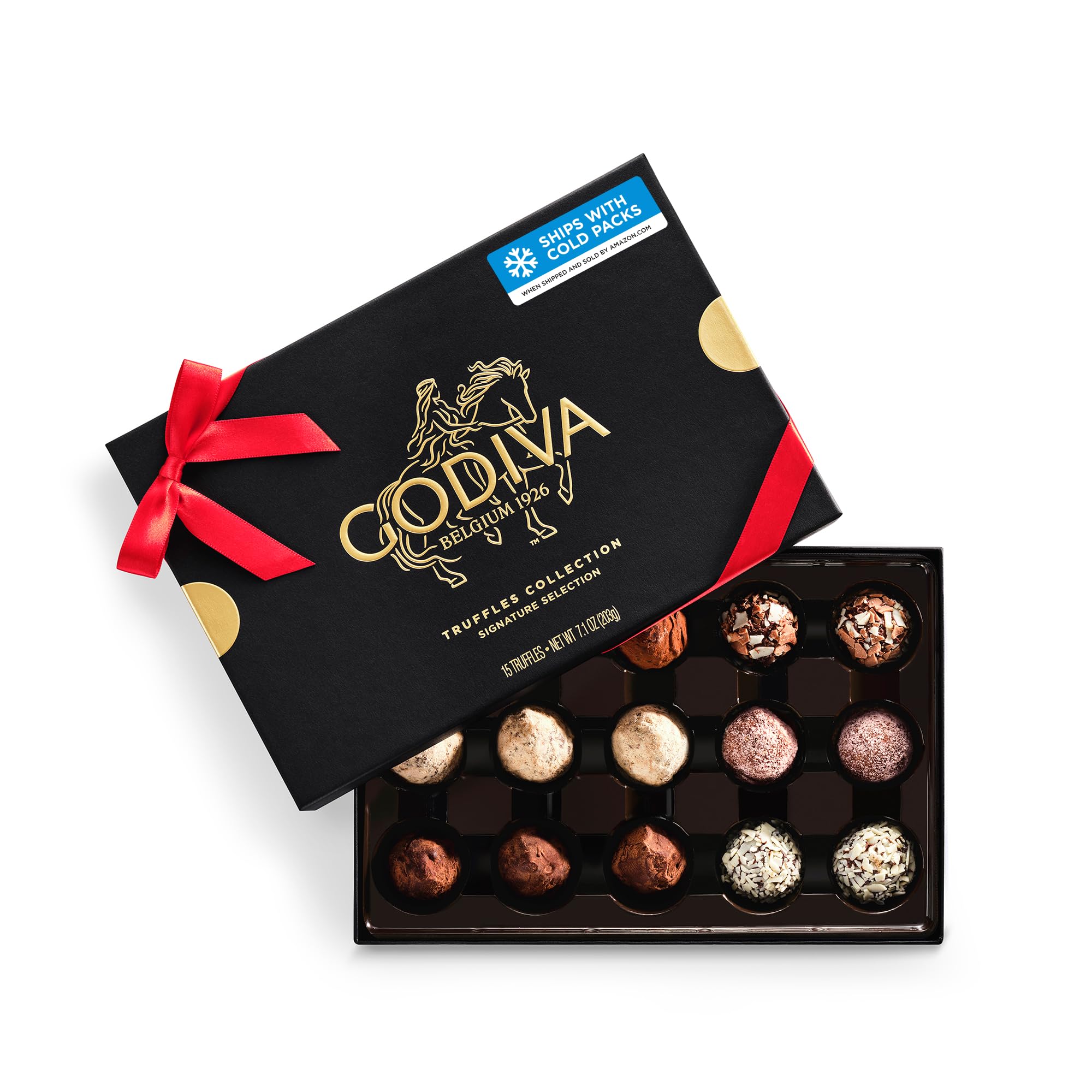 Godiva Signature Truffle Gift Box, Belgian Dark and Milk Chocolates with Ganache Centers, Gourmet Gift for Birthdays, Holidays, Kosher, Red Ribbon, 15