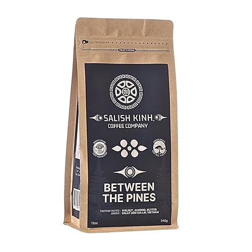 SALISH KINH Whole Bean Coffee | Between the Pines | 12 oz Bag | Medium Dark Roast | 60% Arabica & 40% Robusta | Specialty Grade | Single Origin |