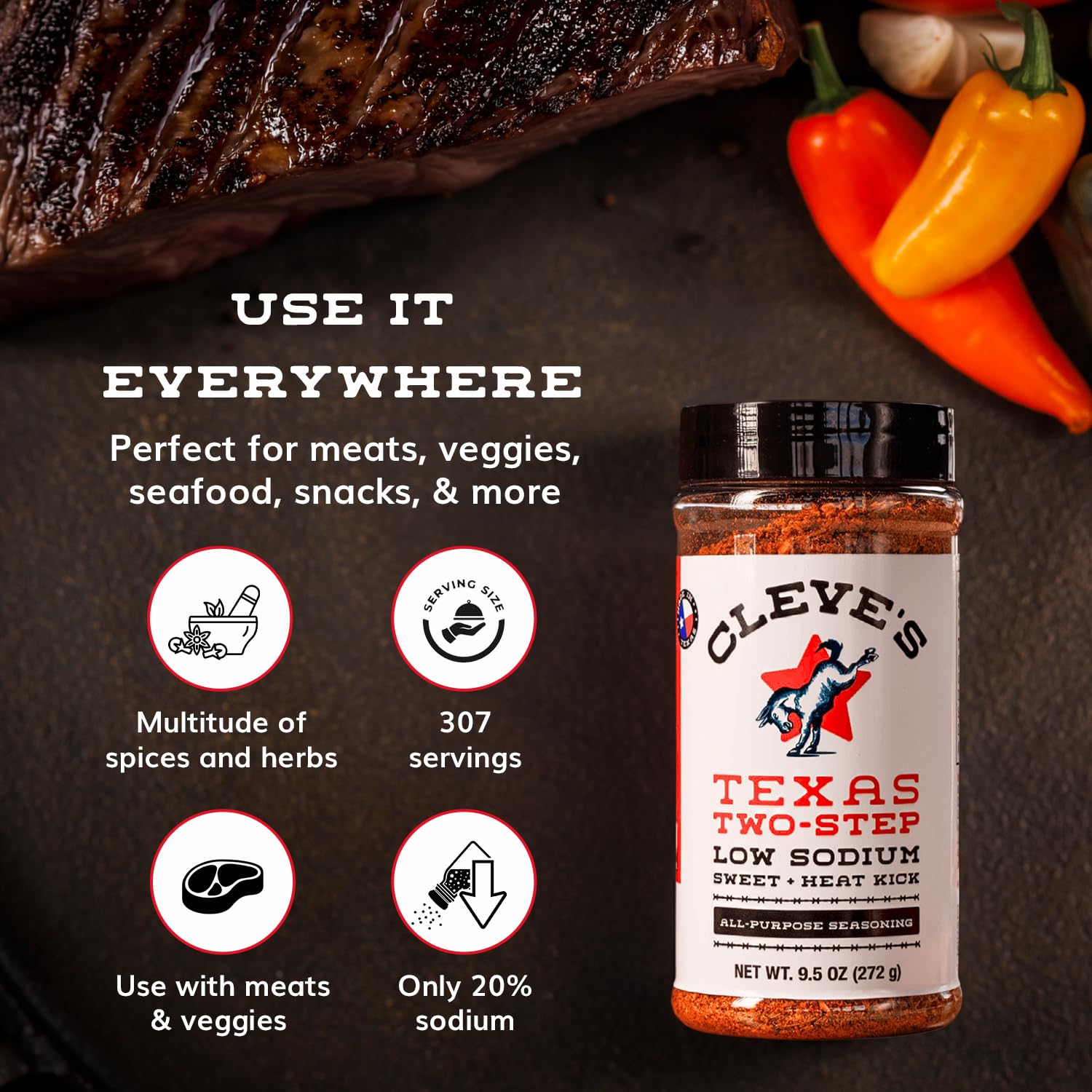 Cleve's Gourmet All Purpose Texas Two Step Seasoning, Sweet Heat Seasoning for Grilling & Cooking, Seasoning with Bright Herbs & Warm Spices, 9.5 oz