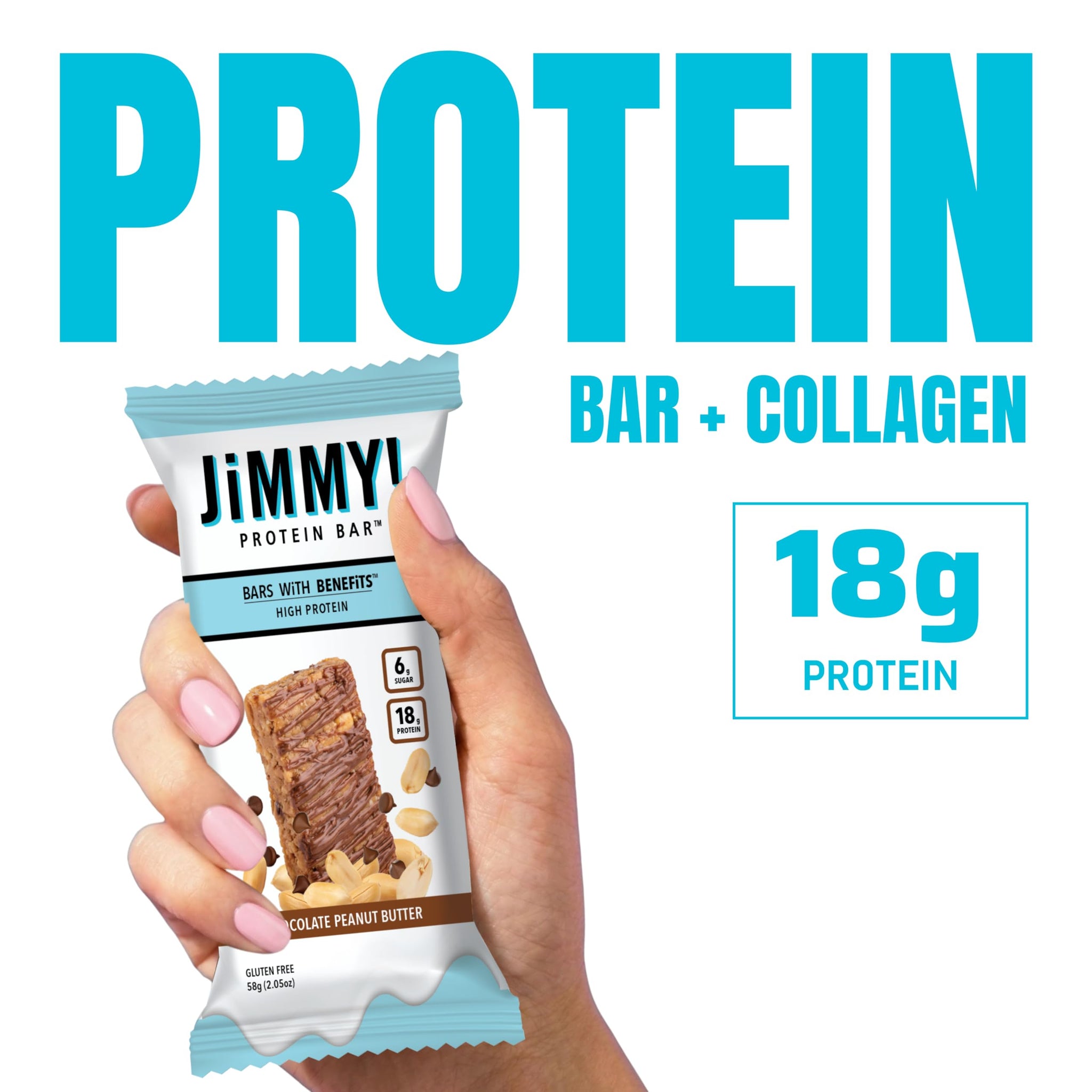 JiMMYBAR! Chocolate Peanut Butter Protein Bars 18g Protein Bar, 6g Low Sugar - 12 Count - 58g Health Bars - Functional Snack with Real Peanuts
