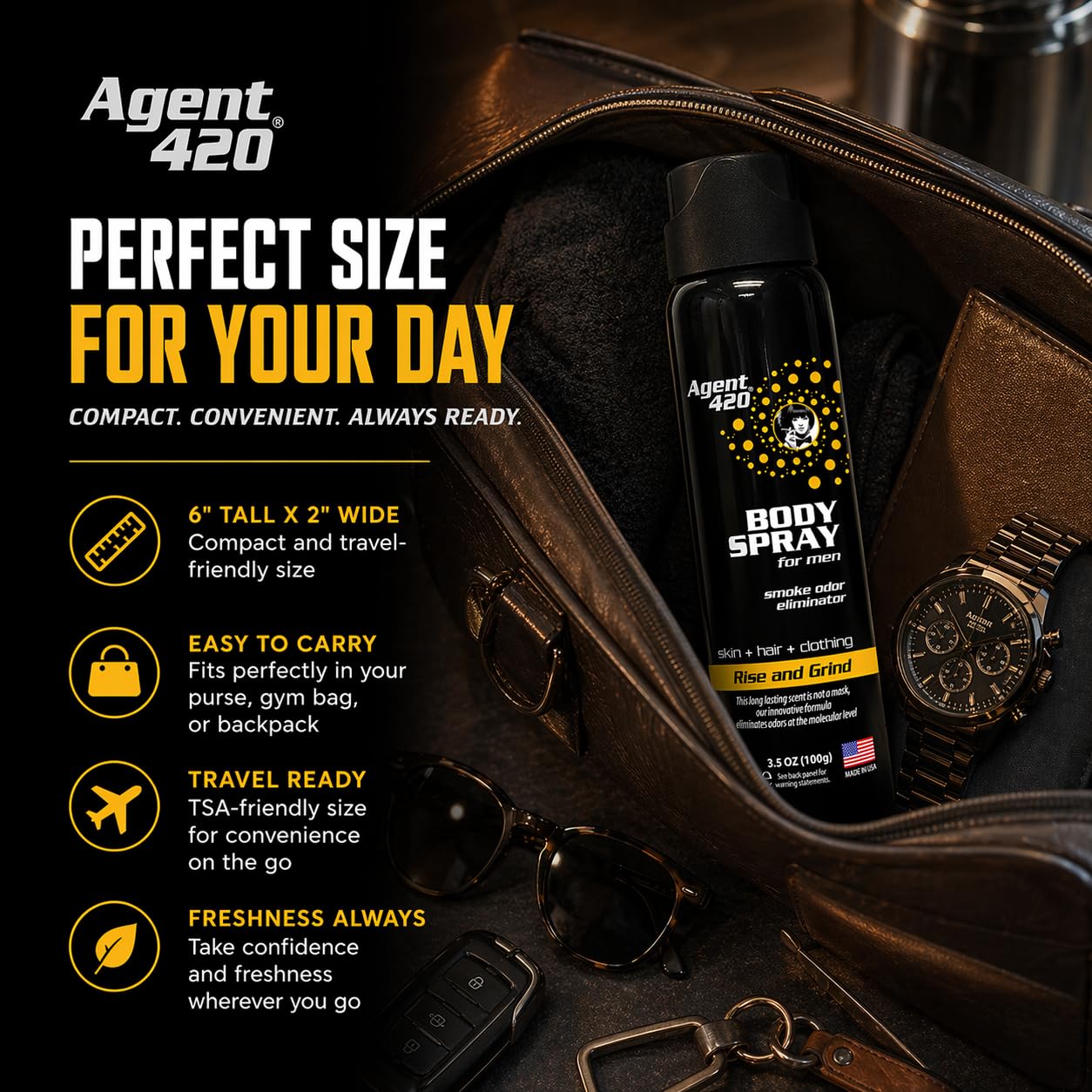 Agent 420 Cannabis & Cigarette Smoke Odor Body Spray for Men, 3.5 oz - Eliminates Odors at the Molecular Level (Rise and Grind)