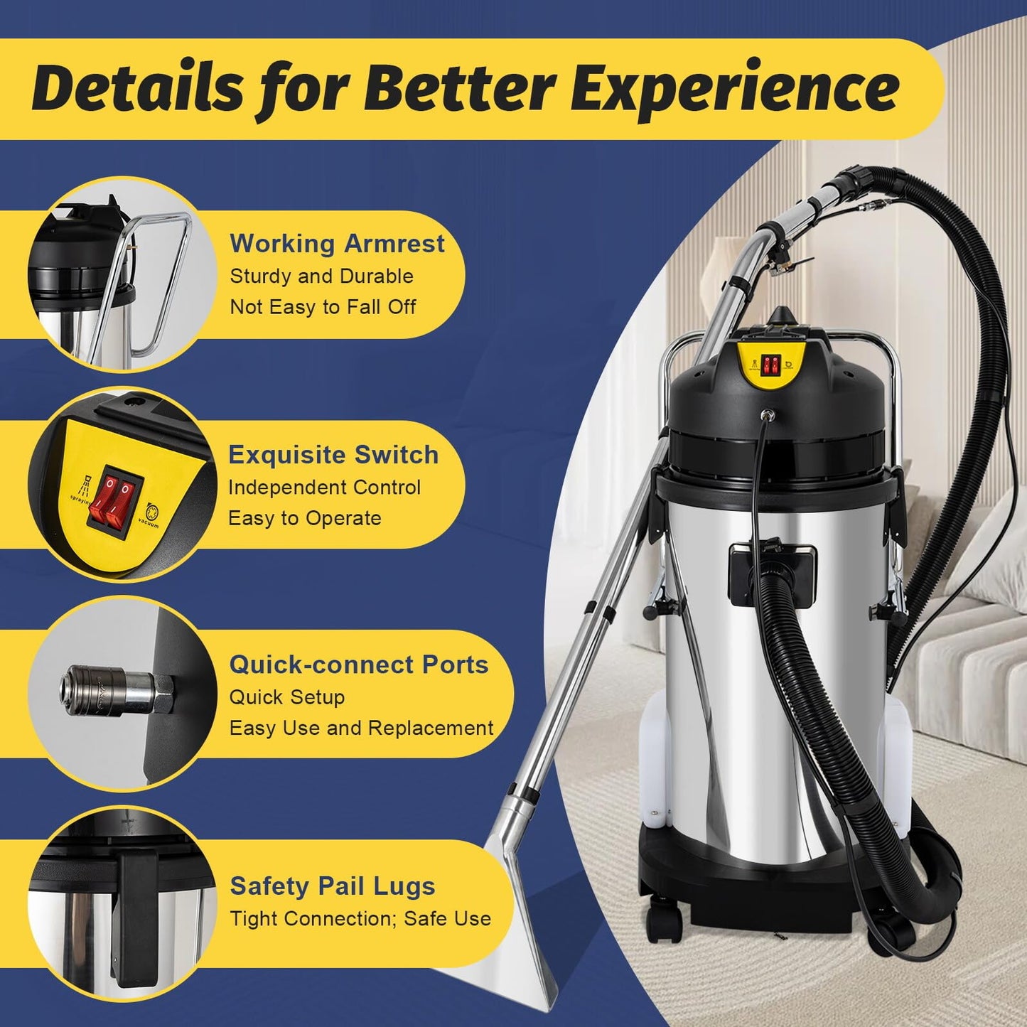 Wtobybt Carpet Cleaner, 110V 1049W 40L Carpet Cleaning Machine Multi-Purpose Wet Dry Upright Vacuum Floor Shampooer Machine with 3 Vacuuming Head