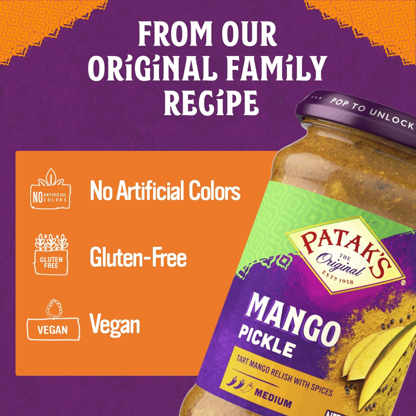 Patak’s Medium Mango Pickle - Authentic Indian Relish with Mango Chunks & Aromatic Spices - Perfect with Naan, Pappadum, Sandwiches & Salads - Vegan