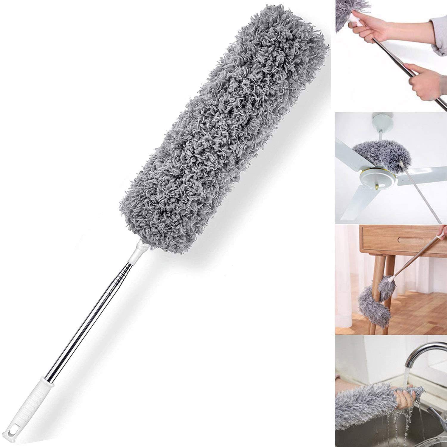HEOATH Microfiber Feather Duster with Extendable Pole, 30-100 inches Extra Long Cobweb Duster for Cleaning, Bendable Head, Non-Scratch, Washable