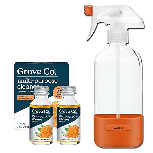 Grove Co. Multi-Purpose Cleaner, Refill Concentrate (2 x 1 Oz) + Glass Spray Bottle (16 Oz), Plant-based Household Cleaning Supplies Bundle, No