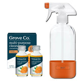 Grove Co. Multi-Purpose Cleaner, Refill Concentrate (2 x 1 Oz) + Glass Spray Bottle (16 Oz), Plant-based Household Cleaning Supplies Bundle, No