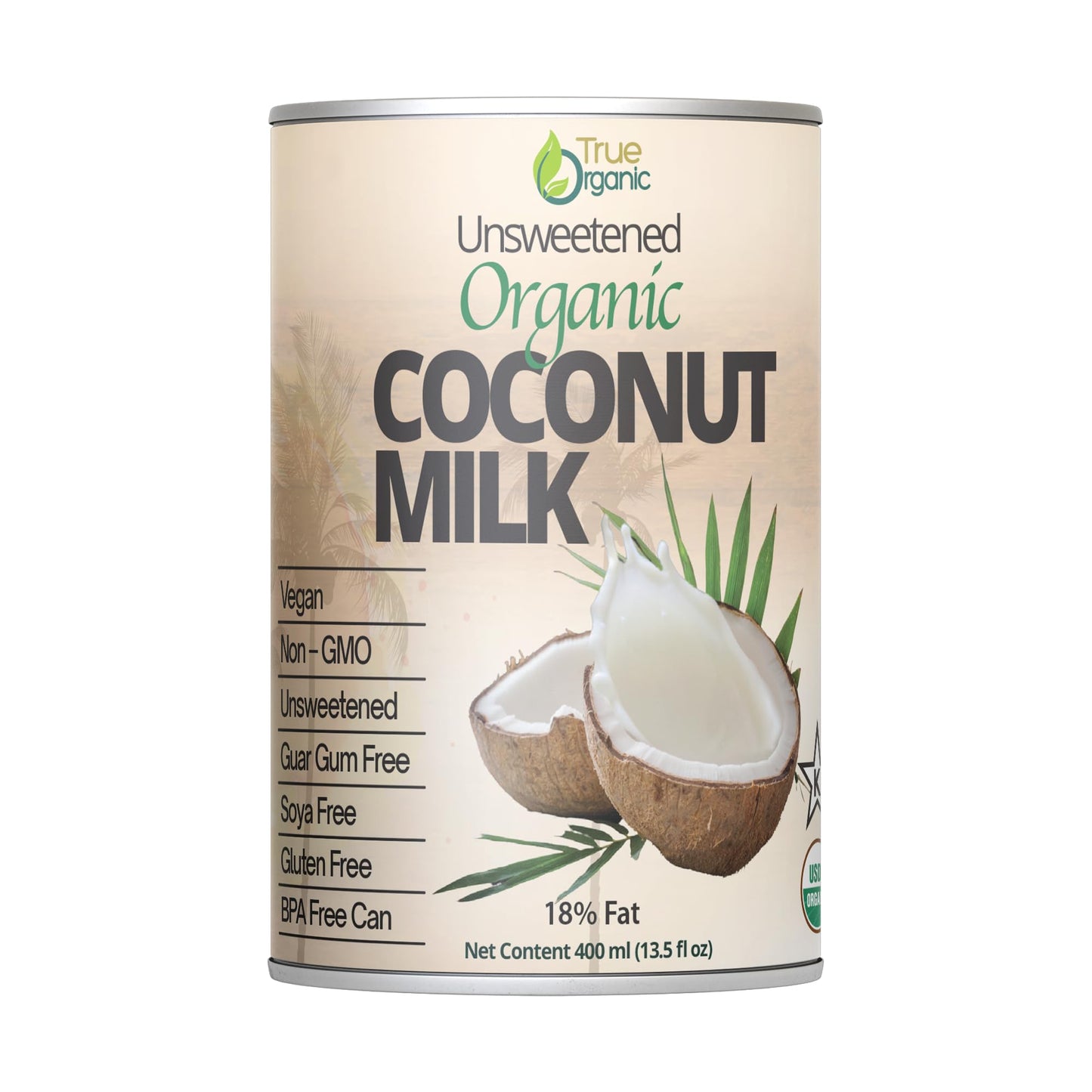 True Organic Unsweetened Coconut Milk 13.5 Fl oz - No Guar Gum, Gluten-Free, Vegan and Kosher - 18% Coconut Milk Fat (12-Pack)