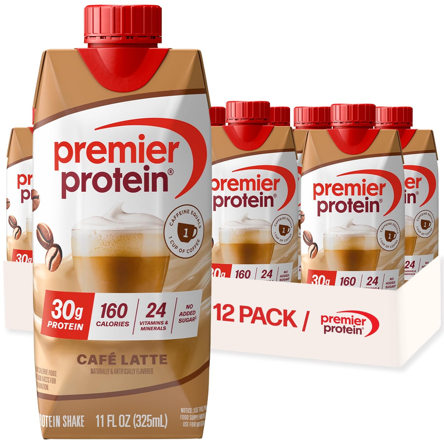 Premier Protein Shake, Café Latte with Caffeine for Energy - 30g Protein, No Added Sugar, 24 Vitamins & Minerals to Support Immune Health, 11 fl oz