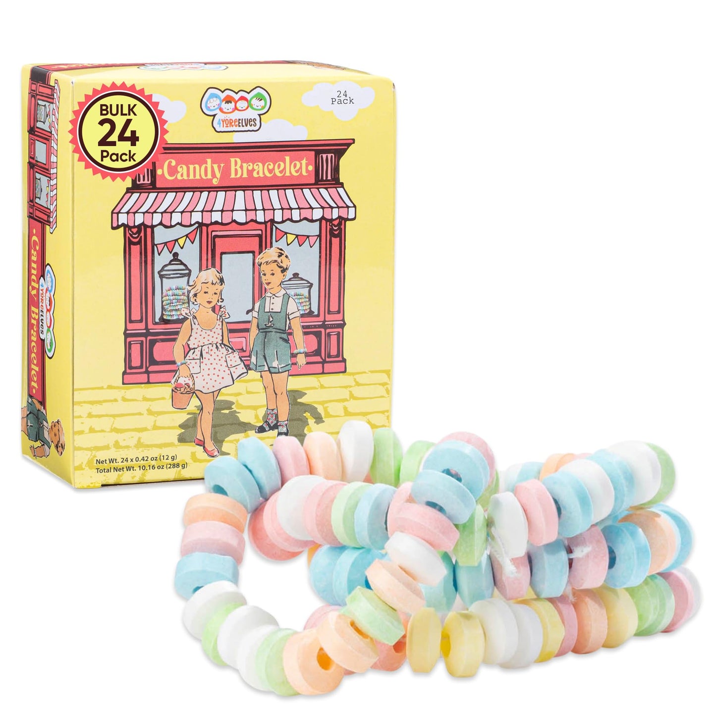 24 Candy Bracelets Individually Wrapped, Vintage Candy Jewelry for Kids, The Perfect Pastel Addition to your Buffet, Princess-Themed Party or Goody