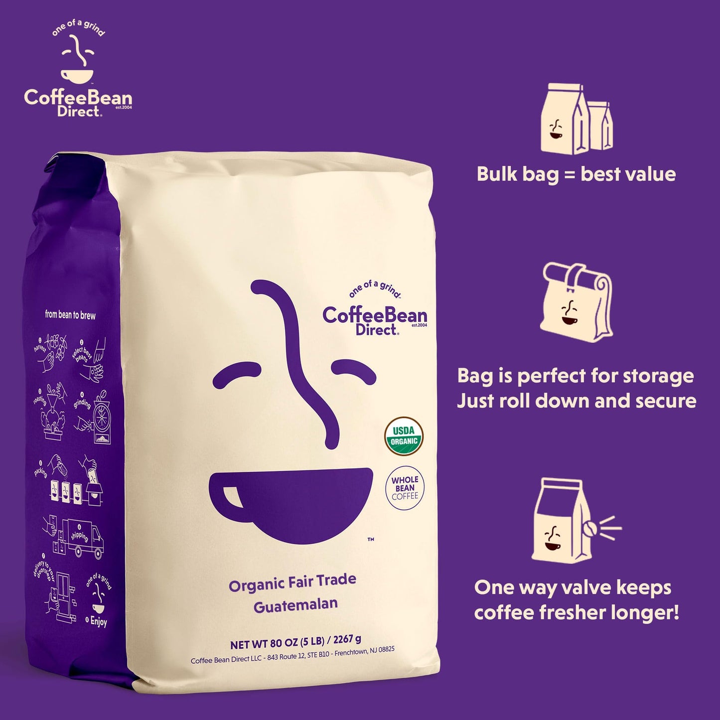 Coffee Bean Direct Organic Fair Trade Guatemalan, Whole Bean Coffee, Arabica Coffee, Light Roast, 5 Pound Bag (Pack of 1)