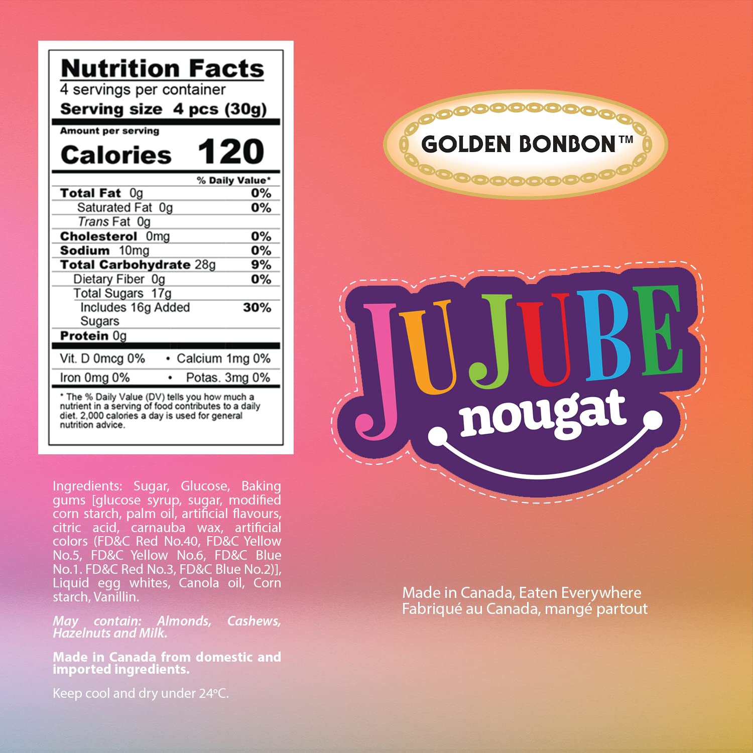 Golden Bonbon Italian Jujube Nougat Gluten Free Candy Soft Chewy With Fruity Jelly Beans Original Recipe, 5.3 Ounces