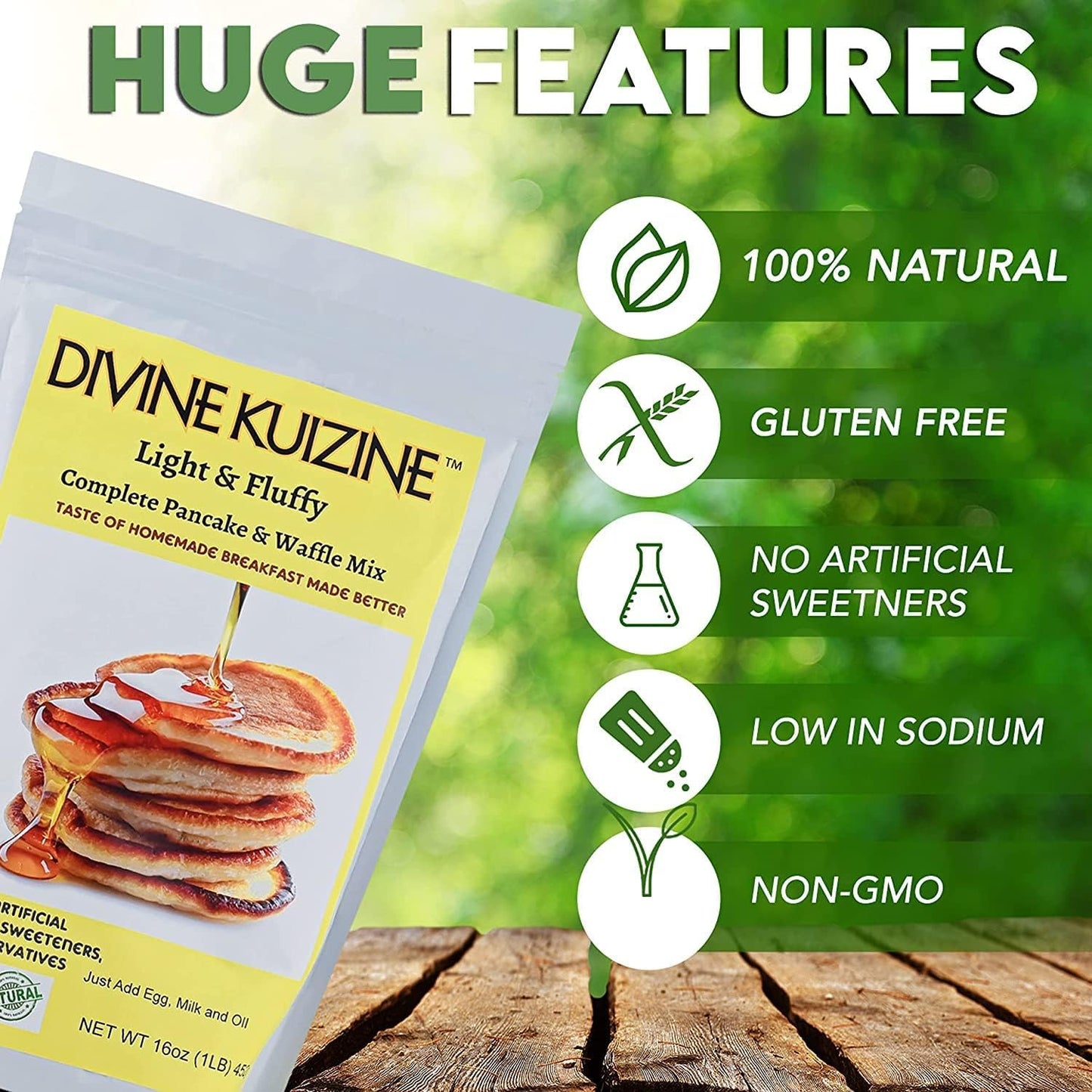 DivineKuizine Complete & Fluffy Pancake and Waffle Mix - Vegan Friendly, All-Natural Ingredients - No Artificial Flavors, Sweeteners, or Preservatives - Delicious Homemade Taste, Easy to Use Pancake and Waffle Mix, Homemade Pancakes Mix 2lbs