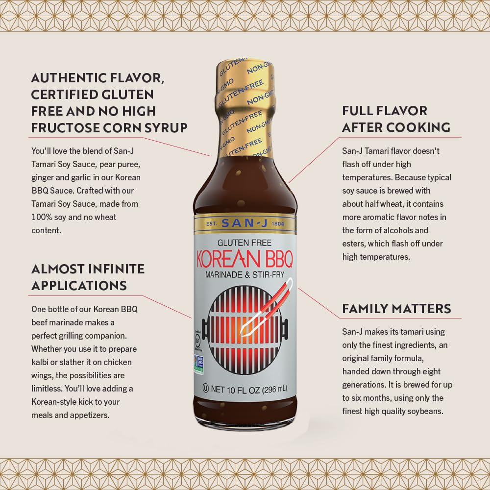 San-J - Gluten Free Korean BBQ Sauce - Bold and Savory Sauce for Cooking - Non-GMO - 10 oz. Bottle