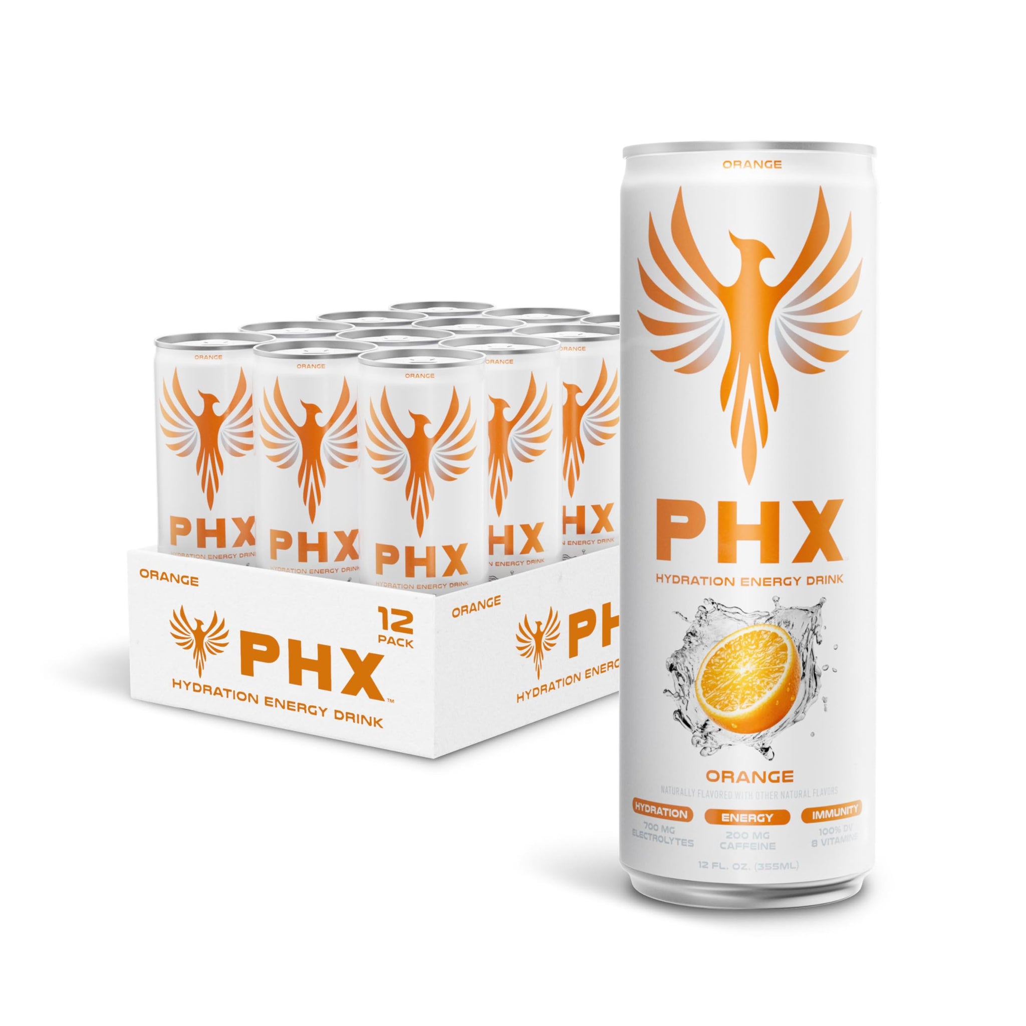 PHX Hydration Energy Drink - 700mg Electrolytes, 200mg Natural Green Tea Caffeine, 100% Daily Value 8 Essential Vitamins - 12 oz Cans (12 Pack) (12