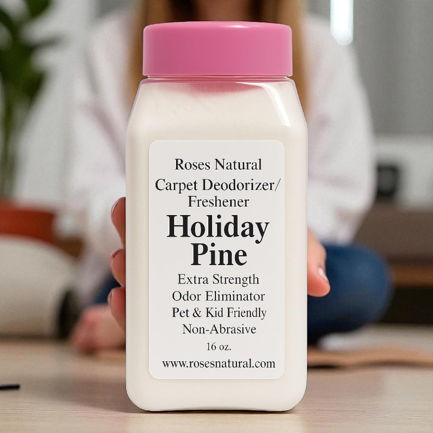 Roses Natural Carpet Deodorizer Powder - Holiday Pine, Long-Lasting Odor Eliminator, Plant-Based, Pet Friendly, 16 oz, Made in the USA