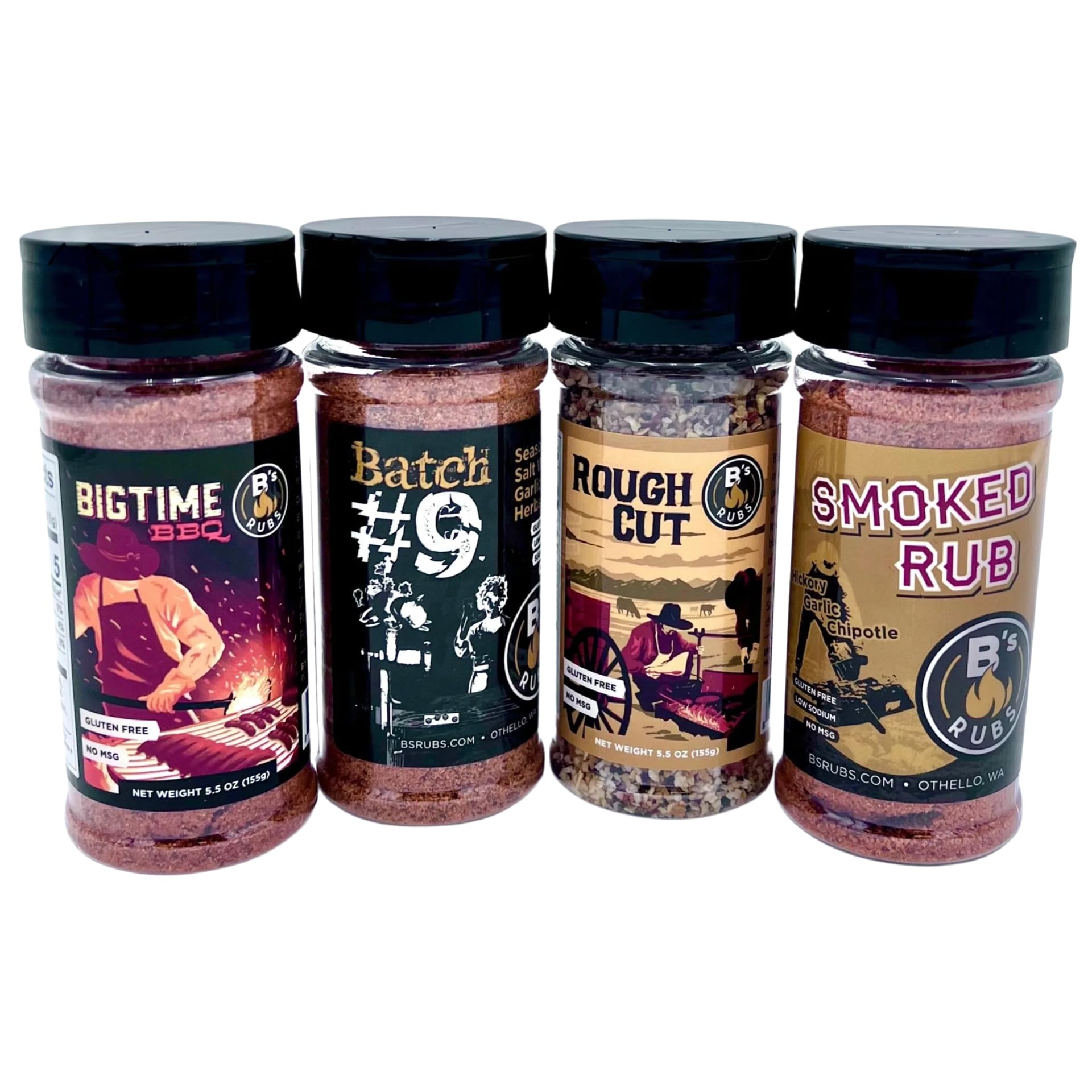 B's Rubs BBQ Seasoning Gift Set, 4 Pack Premium Spice Collection with Rough Cut, Big Time BBQ, Batch #9, Original Smoked Rub, 5.5 oz Each