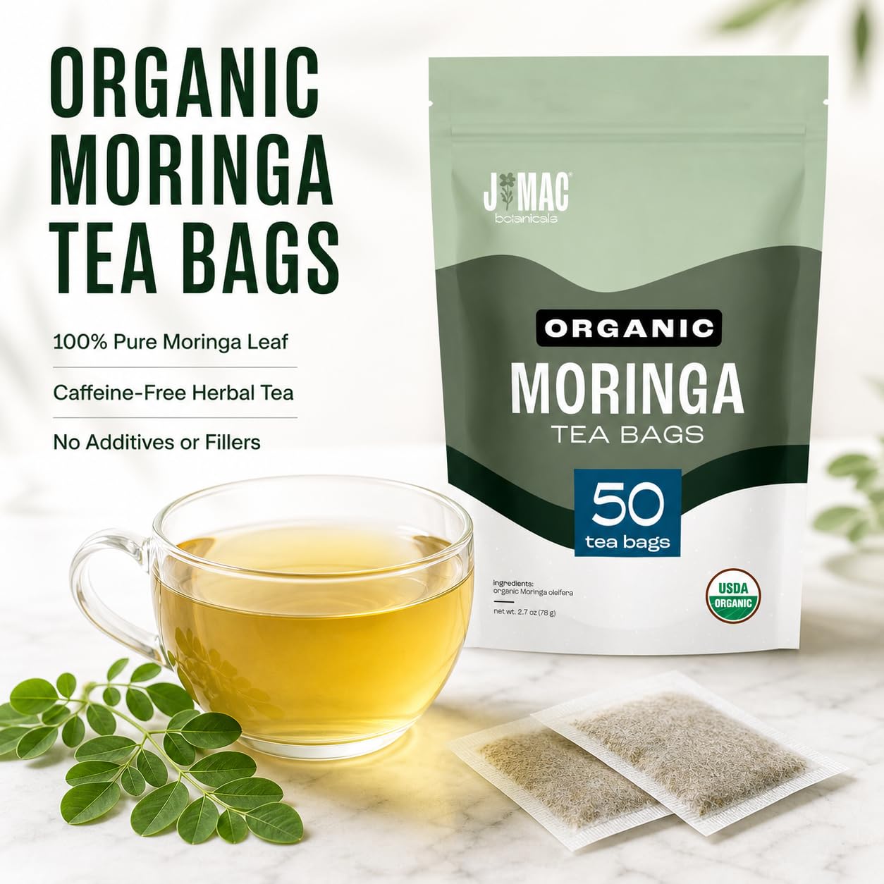 J Mac Botanicals Organic Moringa Tea Bags (50 Count) - Premium Moringa Leaf Herbal Tea, Caffeine-Free, Smooth Taste, Naked Tea Bags (No Strings