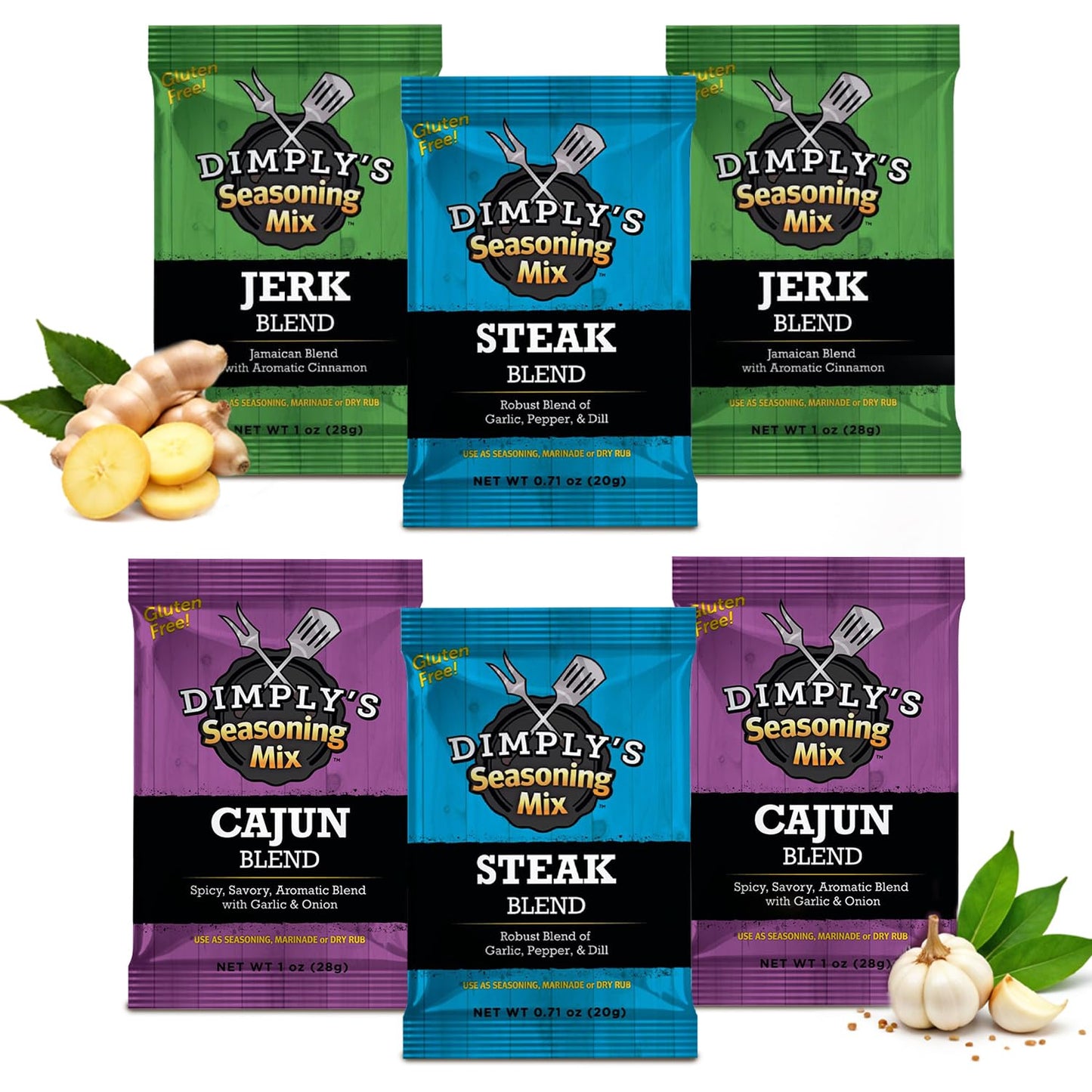 Dimply's Seasoning Variety Pack, Jamaican Jerk, Steak, and Cajun Blends, Dry Rub and Marinade for Chicken, Meat, Seafood, Vegetables, and Tofu