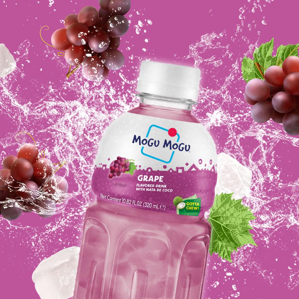 Mogu Mogu Grape Juice Drink with Nata de Coco (Coconut Jelly) - Chewy Fruit Beverage for Kids & Adults, 6 Pack Bottles, 10.82 fl oz Each