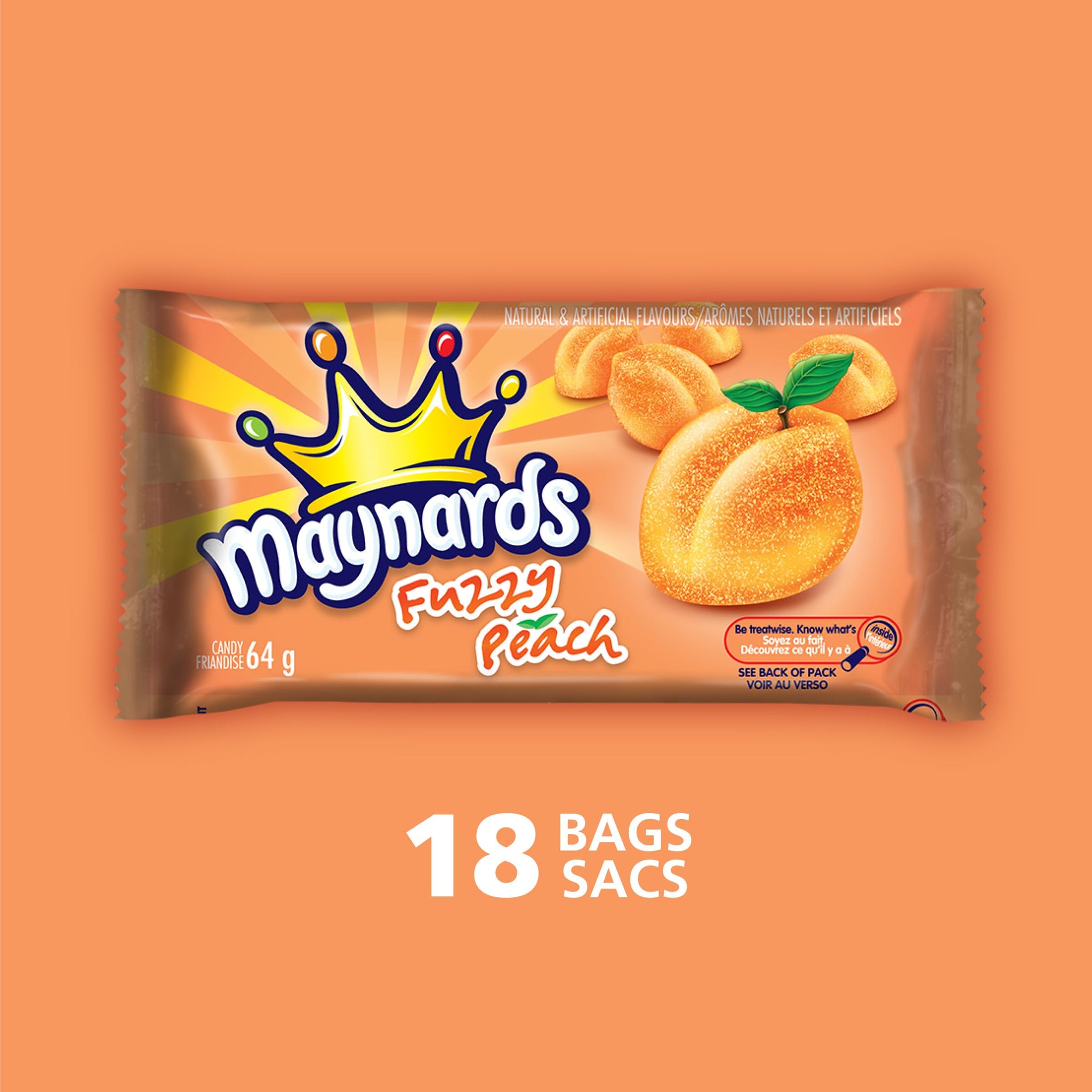 Maynards Fuzzy Peach Candy, 64g (Pack of 18) (Imported from Canada)