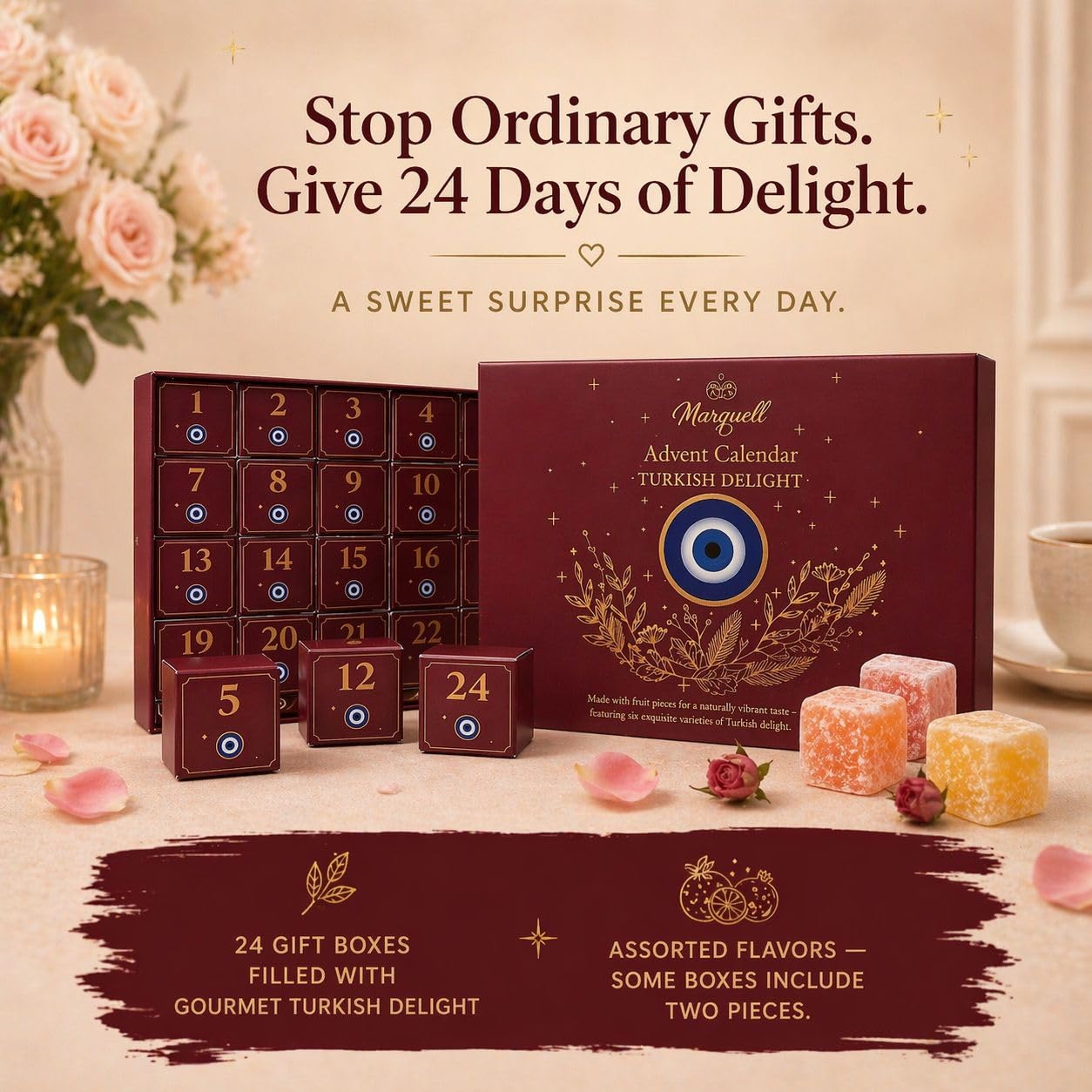 Marquell Turkish Delight Gift Box - 24 Day Advent Calendar Style, Premium Fruit-Infused Gourmet Candy Assortment, Handmade Individually Wrapped Soft