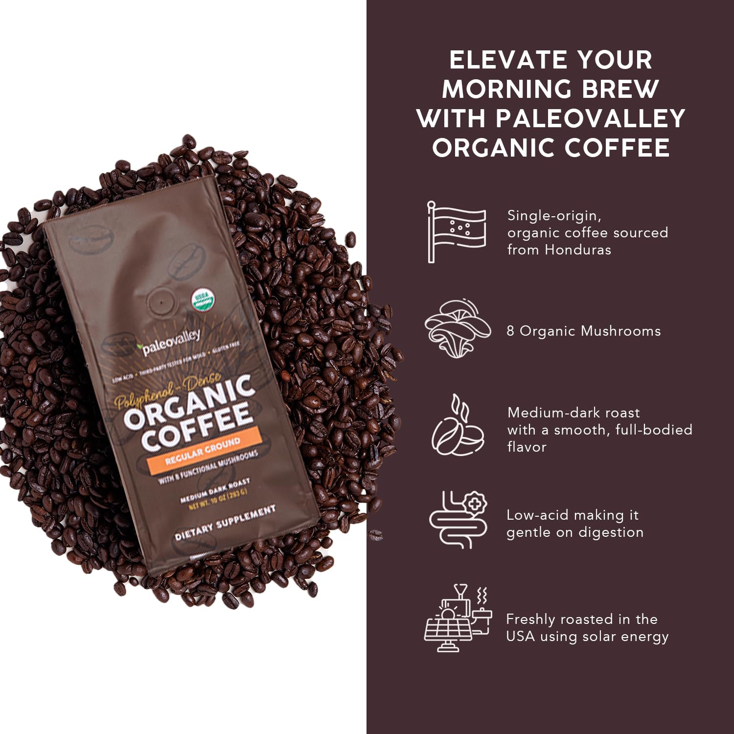 Paleovalley Organic Ground Coffee, 10oz - Regular, Low Acid, Single-Origin, Polyphenol-Rich, Infused with Mushrooms
