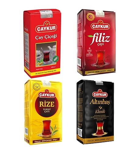 ÇAYKUR Premium Turkish Black Tea Bundle, Filiz, Caycicegi, Altinbas & Rize, Traditional Loose Leaf Black Tea, Set of 4 each 500g / 17.6 Oz
