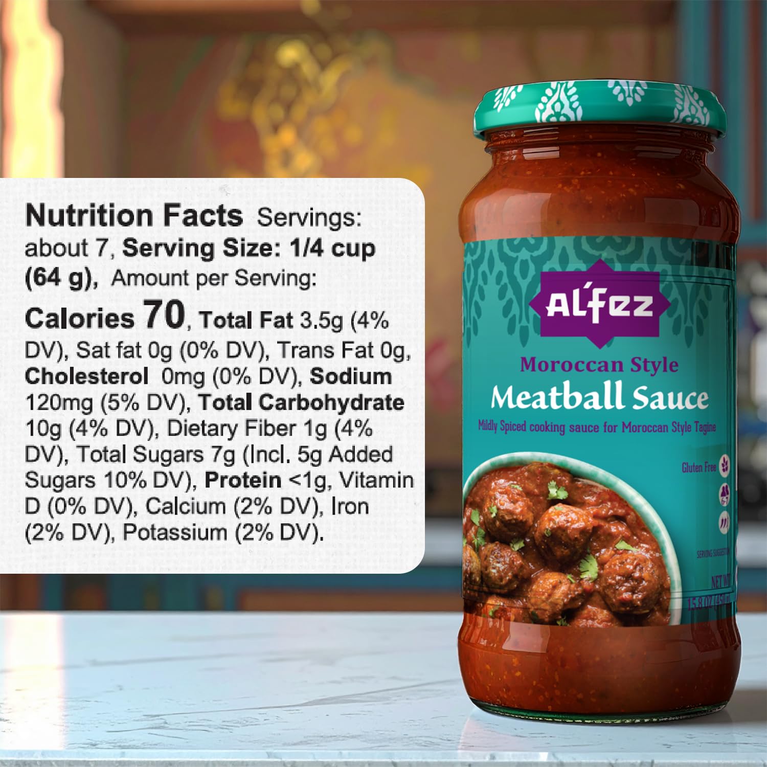 Al'Fez Moroccan Style Meatball Sauce - 15.8oz (Pack of 3) - Mildly Spiced Tomato-Based Cooking Sauce - Gluten Free & Vegetarian - Inspired by Moroccan