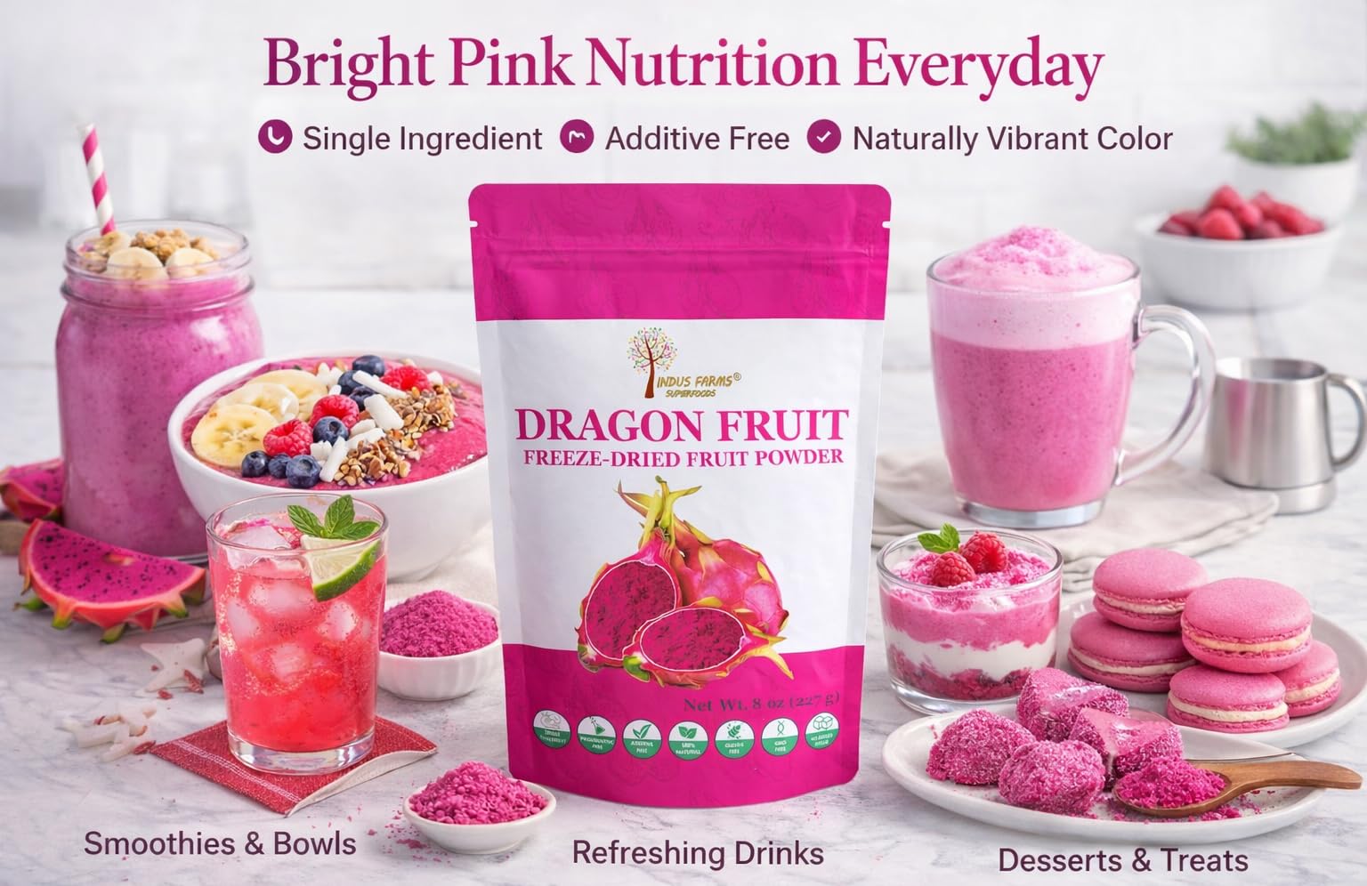 Indus Farms Freeze Dried Dragon Fruit Powder (Pitaya) - Vibrant Magenta Pink, Single Ingredient, No Added Sugar - Smoothies, Baking, Drinks & Yogurt