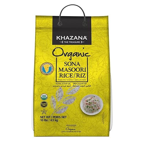 Organic Sona Masoori Rice by Khazana in 10 lb Bag - Aromatic and Flavorful Indian Grain - Non-GMO, Gluten Free, Kosher, Cholesterol Free