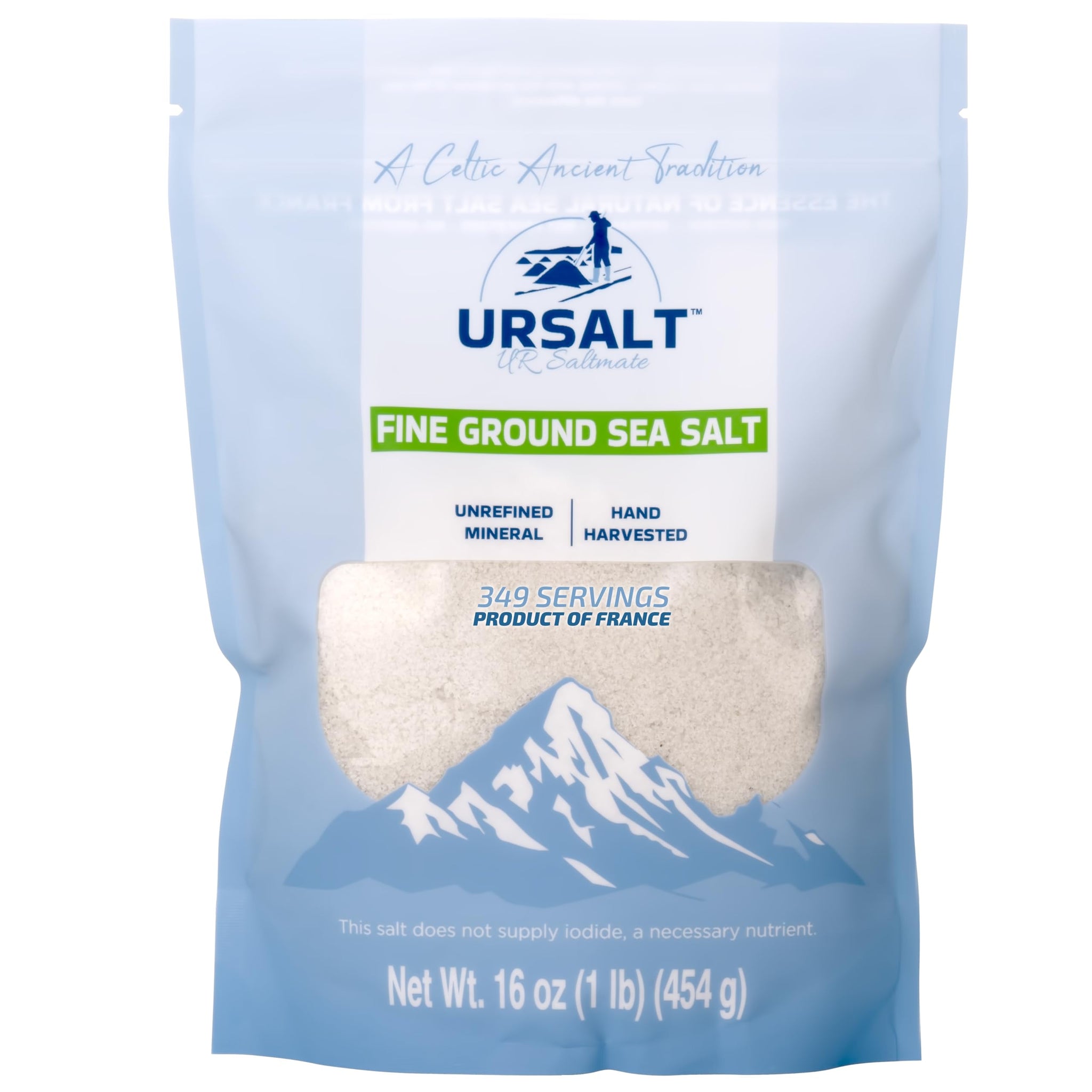 URSALT Fine Ground French Sea Salt - Hand-Harvested Sel Gris from France (1lb) - 82+ Mineral-Rich, 100% Natural & Unrefined, Organic Gourmet Salt
