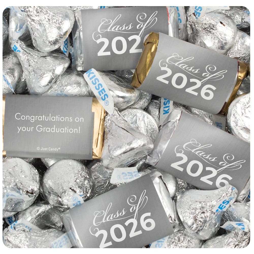 248 Pcs Silver Graduation Class of 2026 Candy - Miniatures & Silver Kisses
