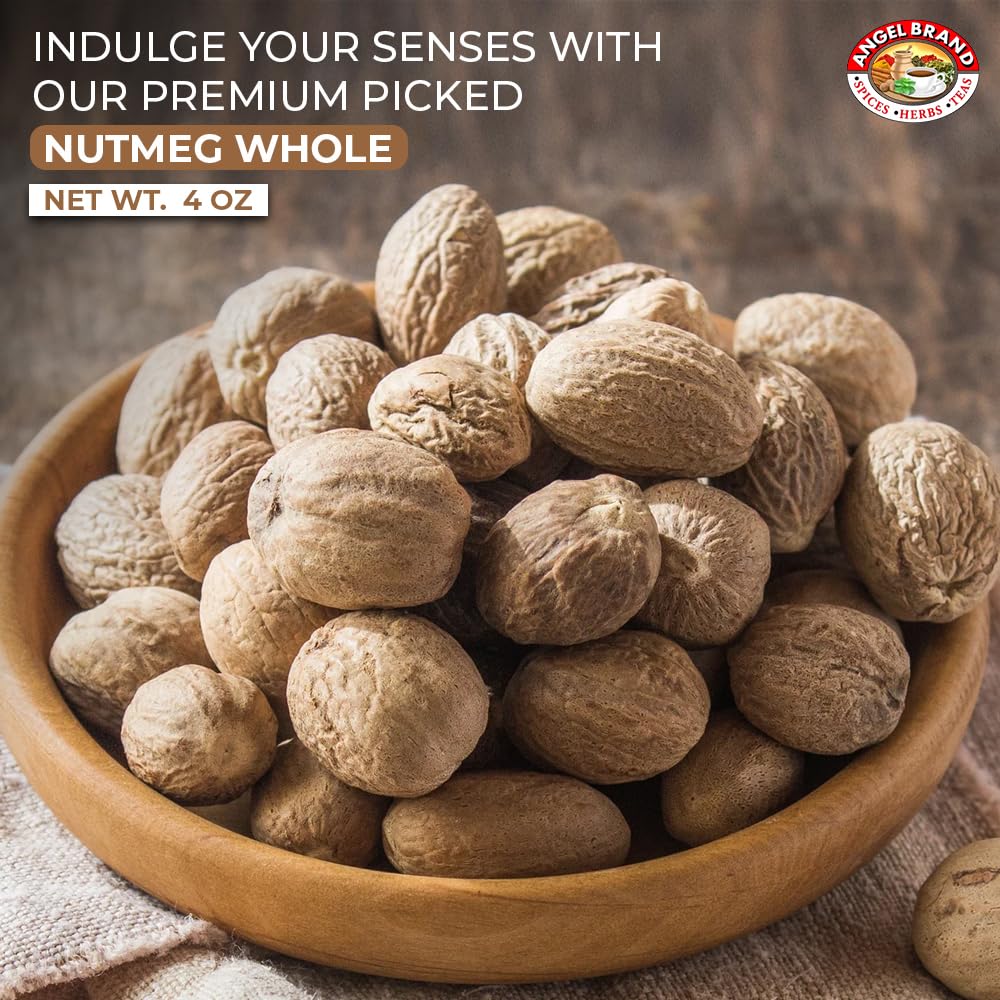 Angel Brand Whole Nutmeg 4 oz Pouch - Premium Nutmeg Spice for Baking, Cooking, Desserts, and Spice Blends.
