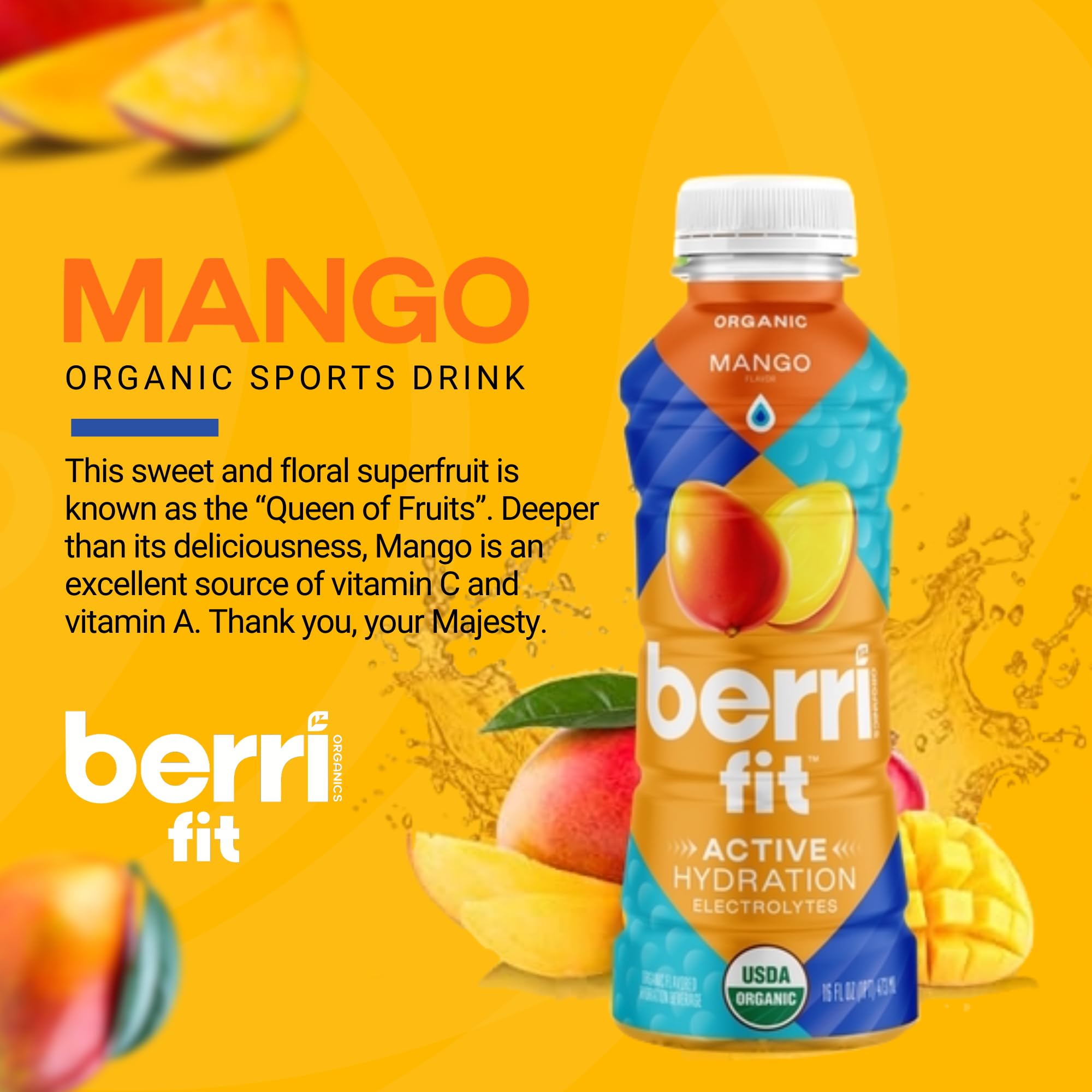 Berri Fit Hydration - Organic Mango Flavor Natural Sports Drink - Plant-Based Electrolyte Beverage - Low Calorie, Paleo Coconut Water Solution, 16oz