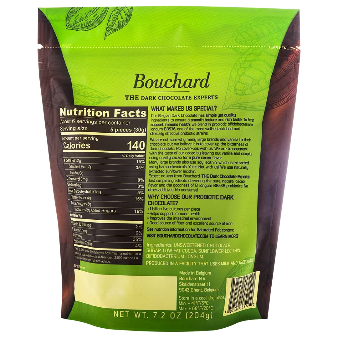 Bouchard Probiotic Dark Belgian Chocolate (72% Cacao) | Individually Wrapped in Resealable Bag | No Soy, No Vanilla, No Nonsense | Non-GMO, Gluten