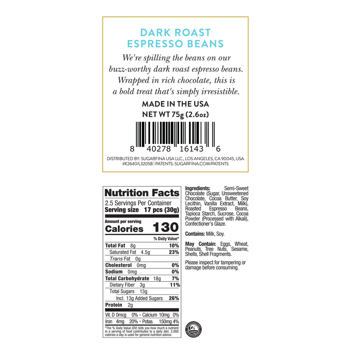 Sugarfina Dark Roast Espresso Beans Small Candy Cube, Chocolate Bites, 2.6 oz, 4 Count