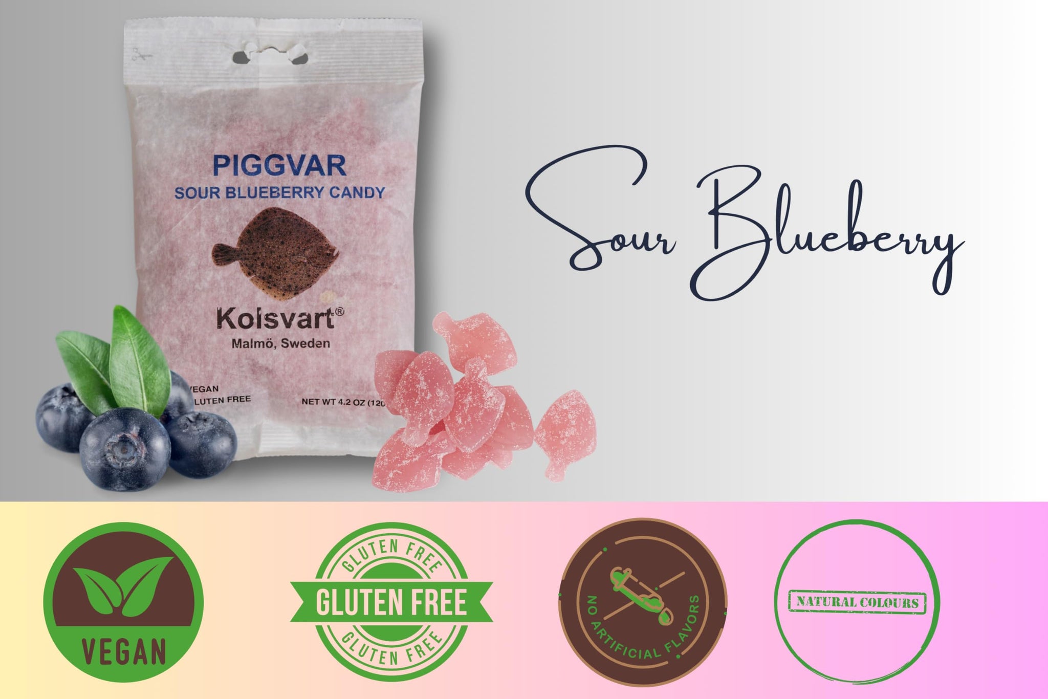 Kolsvart Sour Blueberry Swedish Candy - Vegan & Gluten-Free Gummies with Natural Fruit Flavor - Scandinavian Sour Candy - 4.2 oz Each (Pack of 5)