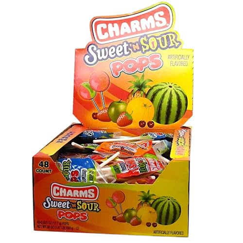Tootsie Roll Charms Pops, in 5 Assorted Sweet/Sour Flavors, 0.6 Ounce (Pack of 48)