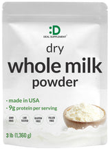 Dry Whole Milk Powder, 3lbs - Natural Pasture Raised Source - Made in USA - Powdered Milk for Baking & Cooking - 9g Protein Per Serving - Non-GMO, Filler Free