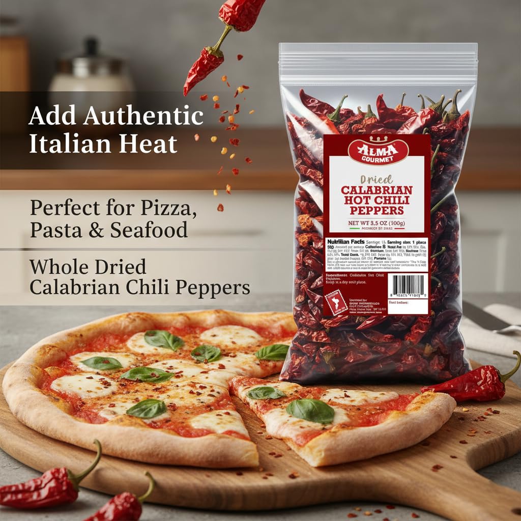 Alma Gourmet Whole Dried Calabrian Red Hot Chili Peppers - Peperoncino Secco Calabrese, Authentic Italian Spicy Peppers, Imported from Italy - 100